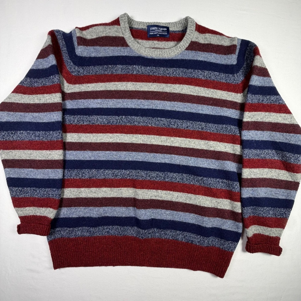 Joseph Turner Sweater Striped Pure Shetland Wool Crewneck Grandpa Core Mens XL